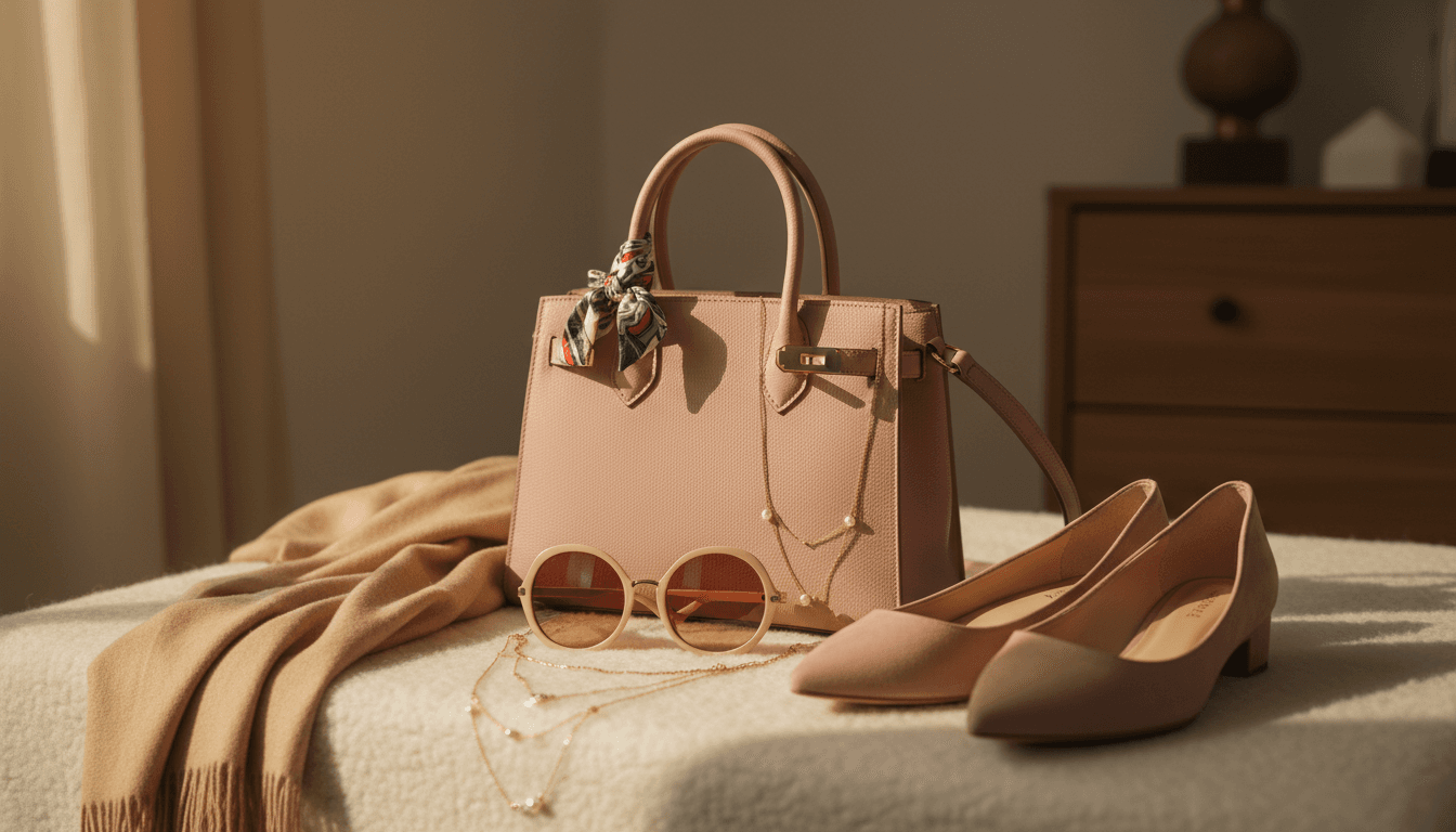 Elegante bolso de diseñador y accesorios de moda sobre fondo neutro con luz cálida